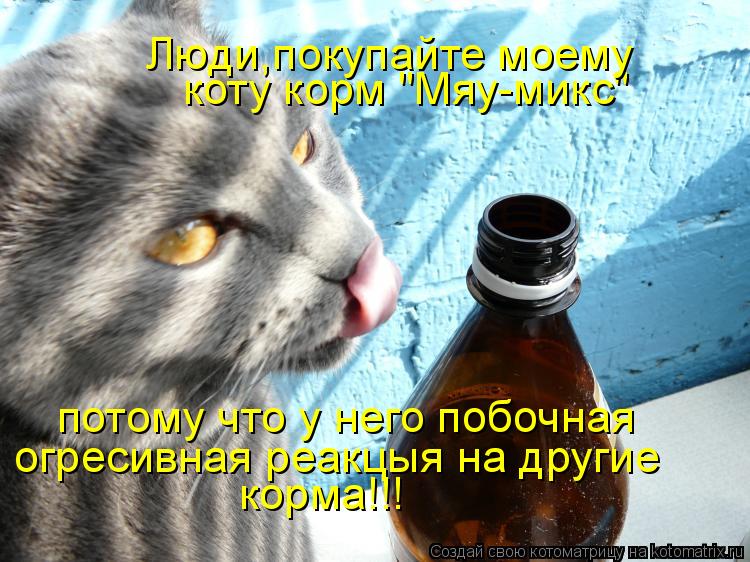 Котоматрица: коту корм "Мяу-микс" потому что у него побочная огресивная реакцыя на другие  корма!!! Люди,покупайте моему