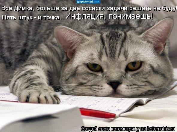 Всё Димка, больше за две сосиски задачи решать не буду! Пять штук - и точка. Инфляция, понимаешь!... Котоматрица: Всё Димка, больше за две сосиски задачи решать не буду! Пять штук - и точка. Инфляция, понимаешь!