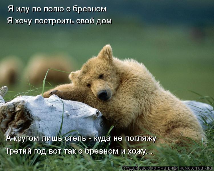Я иду по полю с бревном Я хочу построить свой дом А кругом лишь степь - куда не погляжу Третий год... Котоматрица: Я иду по полю с бревном Я хочу построить свой дом А кругом лишь степь - куда не погляжу Третий год вот так с бревном и хожу...
