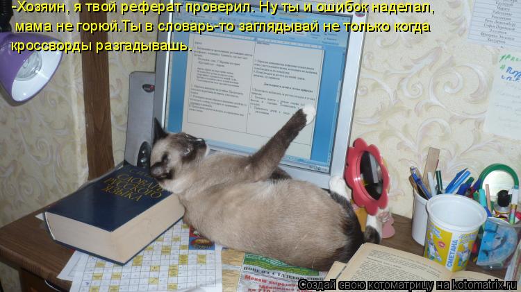 Котоматрица: -Хозяин, я твой реферат проверил. Ну ты и ошибок наделал,  мама не горюй.Ты в словарь-то заглядывай не только когда кроссворды разгадывашь.
