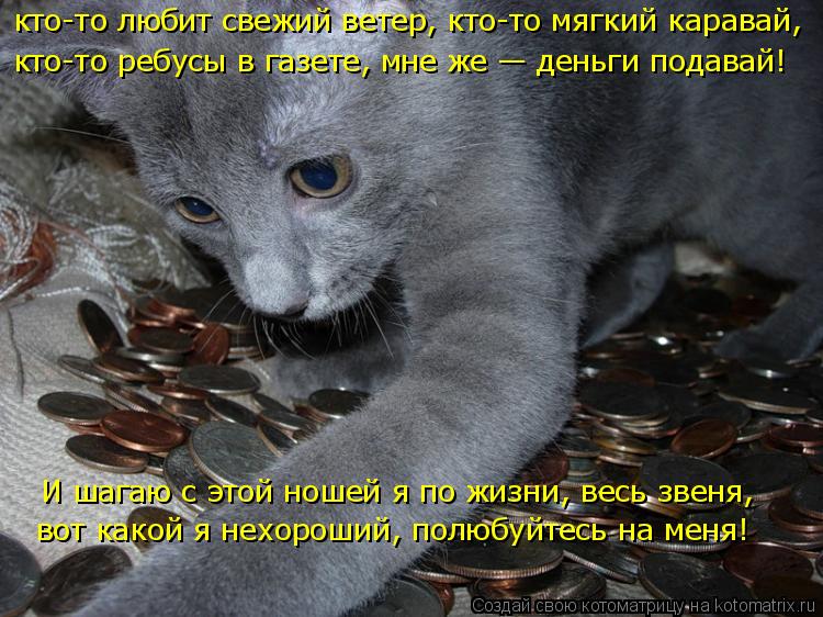 кто-то любит свежий ветер, кто-то мягкий каравай, кто-то ребусы в газете, мне же — деньги подав... Котоматрица: кто-то любит свежий ветер, кто-то мягкий каравай, кто-то ребусы в газете, мне же — деньги подавай! И шагаю с этой ношей я по жизни, весь звен