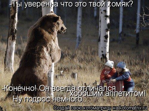 -Ты уверенна что это твой хомяк? -Конечно! Он всегда отличался хорошим аппетитом! Ну подрос немного..... Котоматрица: -Ты уверенна что это твой хомяк? -Конечно! Он всегда отличался хорошим аппетитом! Ну подрос немного...