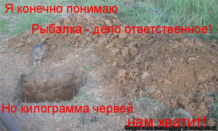 Я конечно понимаю Рыбалка - дело ответственное! Но килограмма червей нам хватит!... Котоматрица: Я конечно понимаю Рыбалка - дело ответственное! Но килограмма червей нам хватит!