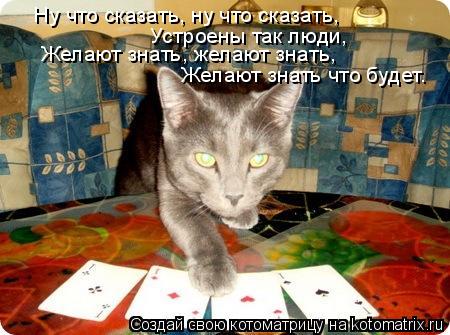 Ну что сказать, ну что сказать, Устроены так люди, Желают знать, желают знать, Желают знать что бу... Котоматрица: Ну что сказать, ну что сказать, Устроены так люди, Желают знать, желают знать, Желают знать что будет.