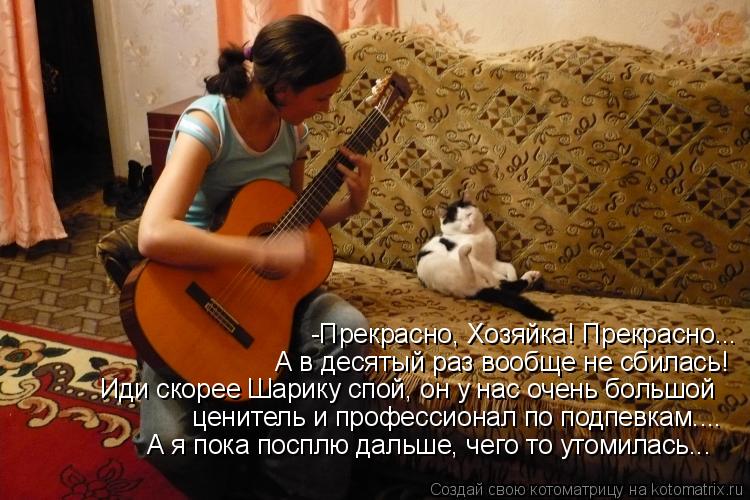 -Прекрасно, Хозяйка! Прекрасно... А в десятый раз вообще не сбилась! Иди скорее Шарику спой, он у нас... Котоматрица: -Прекрасно, Хозяйка! Прекрасно... А в десятый раз вообще не сбилась! Иди скорее Шарику спой, он у нас очень большой ценитель и профессионал по