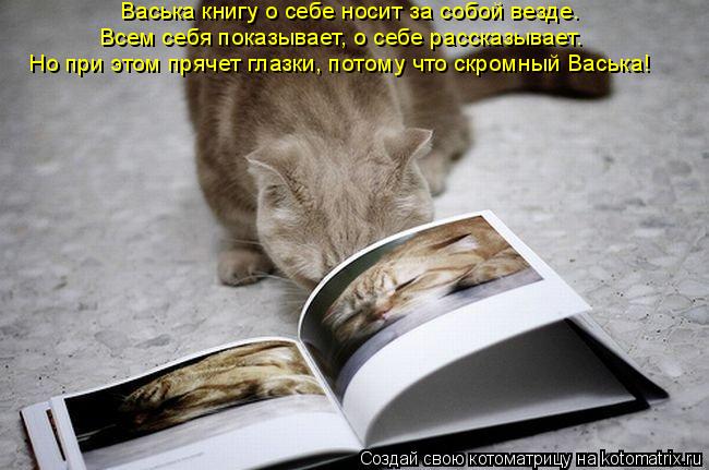 Васька книгу о себе носит за собой везде. Всем себя показывает, о себе рассказывает. Но при этом пряч... Котоматрица: Васька книгу о себе носит за собой везде. Всем себя показывает, о себе рассказывает. Но при этом прячет глазки, потому что скромный Васька!