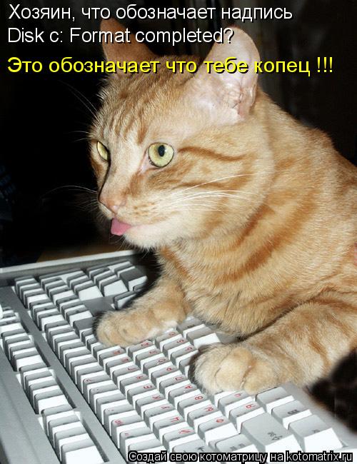 Хозяин, что обозначает надпись Disk c: Format completed? Это обозначает что тебе копец !!!... Котоматрица: Хозяин, что обозначает надпись Disk c: Format completed? Это обозначает что тебе копец !!!