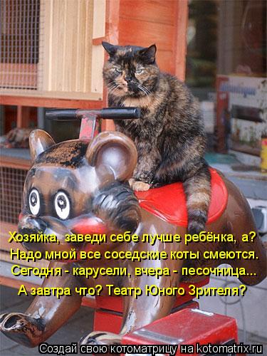 Хозяйка, заведи себе лучше ребёнка, а? Надо мной все соседские коты смеются. Сегодня - карусели, вчер... Котоматрица: Хозяйка, заведи себе лучше ребёнка, а? Надо мной все соседские коты смеются. Сегодня - карусели, вчера - песочница... А завтра что? Театр Юного