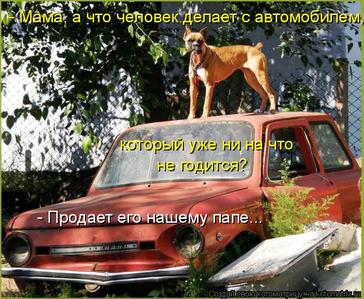 - Мама, а что человек делает с автомобилем, который уже ни на что не годится? - Продает его нашему ... Котоматрица: - Мама, а что человек делает с автомобилем, который уже ни на что не годится? - Продает его нашему папе...
