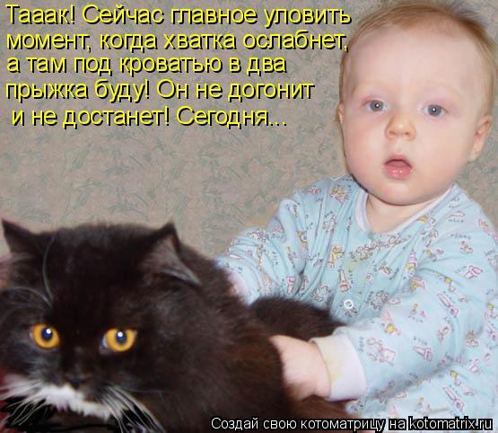 Тааак! Сейчас главное уловить момент, когда хватка ослабнет, а там под кроватью в два прыжка буду! Он... Котоматрица: Тааак! Сейчас главное уловить момент, когда хватка ослабнет, а там под кроватью в два прыжка буду! Он не догонит и не достанет! Сегодня...