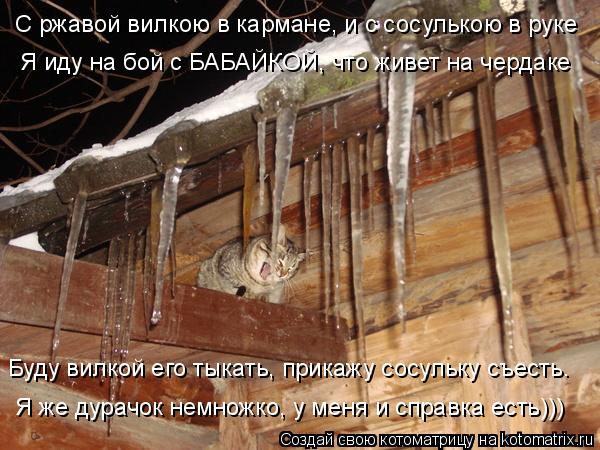 С ржавой вилкою в кармане, и с сосулькою в руке Я иду на бой с БАБАЙКОЙ, что живет на чердаке Буду ви... Котоматрица: С ржавой вилкою в кармане, и с сосулькою в руке Я иду на бой с БАБАЙКОЙ, что живет на чердаке Буду вилкой его тыкать, прикажу сосульку съесть