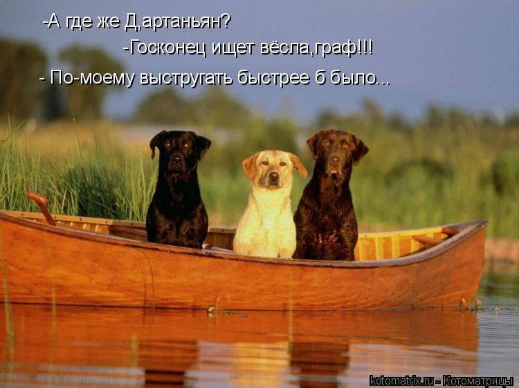-А где же Д,артаньян? -Госконец ищет вёсла,граф!!! - По-моему выстругать быстрее б было...... Котоматрица: -А где же Д,артаньян? -Госконец ищет вёсла,граф!!! - По-моему выстругать быстрее б было...