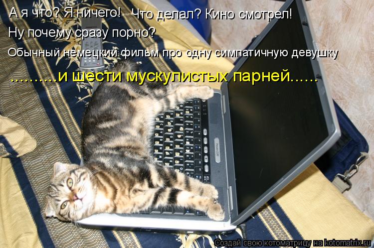 Что делал? Кино смотрел! Ну почему сразу порно? Обычный немецкий фильм про одну симпатичную девушку ... Котоматрица: Что делал? Кино смотрел! Ну почему сразу порно? Обычный немецкий фильм про одну симпатичную девушку ..........и шести мускулистых парней…..... А