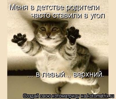 Котоматрица: Меня в детстве родители  часто ставили в угол ... в левый... верхний.