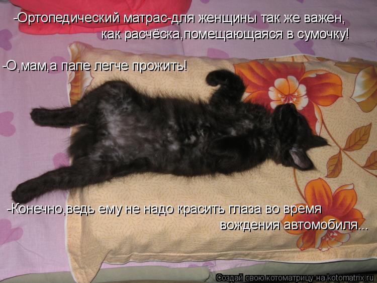 -Ортопедический матрас-для женщины так же важен, как расчёска,помещающаяся в сумочку! -О,мам,а папе ... Котоматрица: -Ортопедический матрас-для женщины так же важен, как расчёска,помещающаяся в сумочку! -О,мам,а папе легче прожить! -Конечно,ведь ему не надо