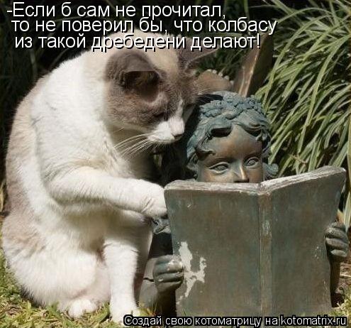 Котоматрица: -Если б сам не прочитал,  то не поверил бы, что колбасу из такой дребедени делают!