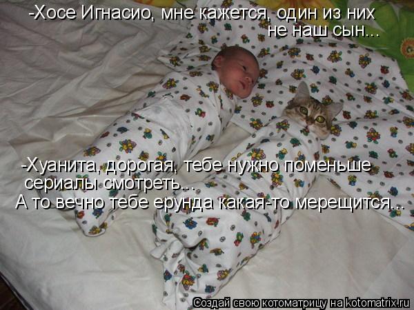 Котоматрица: -Хосе Игнасио, мне кажется, один из них не наш сын... -Хуанита, дорогая, тебе нужно поменьше сериалы смотреть... А то вечно тебе ерунда какая-то 