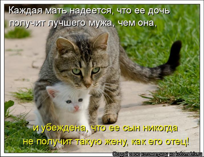Каждая мать надеется, что ее дочь получит лучшего мужа, чем она, и убеждена, что ее сын никогда не... Котоматрица: Каждая мать надеется, что ее дочь получит лучшего мужа, чем она, и убеждена, что ее сын никогда не получит такую жену, как его отец!