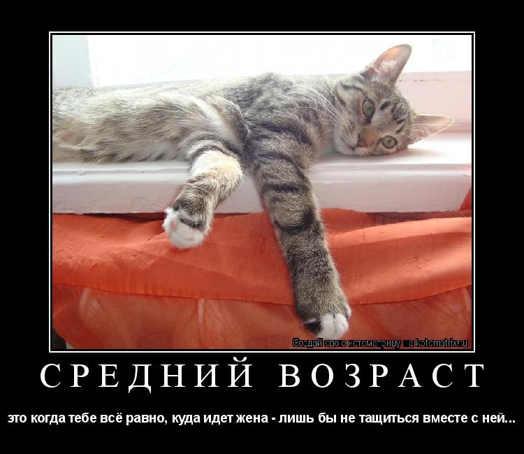 СРЕДНИЙ ВОЗРАСТ это когда тебе всё равно, куда идет жена - лишь бы не тащиться вместе с ней...... Котоматрица: СРЕДНИЙ ВОЗРАСТ это когда тебе всё равно, куда идет жена - лишь бы не тащиться вместе с ней...