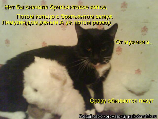 Котоматрица: От мужики а.. Сразу обниматся лезут Нет бы сначала брильянтовое колье, Потом кольцо с брильянтом,замуж Лимузин,дом,деньги.А уж потом развод