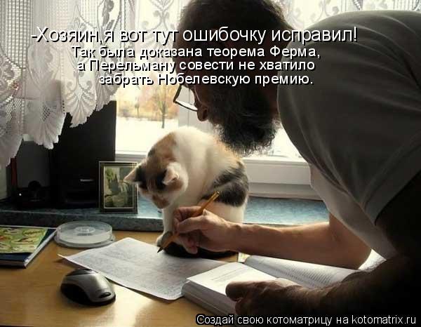 Котоматрица: -Хозяин,я вот тут ошибочку исправил! Так была доказана теорема Ферма, а Перельману совести не хватило забрать Нобелевскую премию.