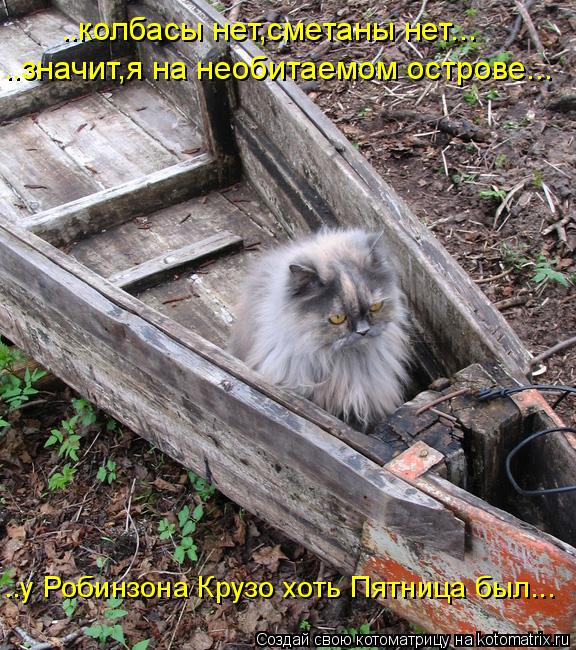 Котоматрица: ..у Робинзона Крузо хоть Пятница был... ..значит,я на необитаемом острове... ..колбасы нет,сметаны нет...