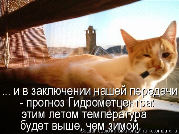 ... и в заключении нашей передачи - прогноз Гидрометцентра: этим летом температура будет выше, чем ... Котоматрица: ... и в заключении нашей передачи - прогноз Гидрометцентра: этим летом температура будет выше, чем зимой.