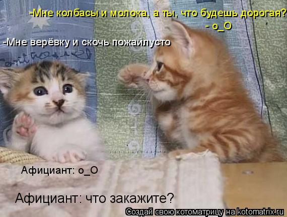 Афициант: что закажите? -Мне колбасы и молока, а ты, что будешь дорогая? -Мне верёвку и скочь пожайлу... Котоматрица: Афициант: что закажите? -Мне колбасы и молока, а ты, что будешь дорогая? -Мне верёвку и скочь пожайлусто - о_О Афициант: о_О