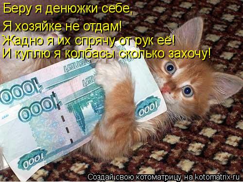Беру я денюжки себе, Я хозяйке не отдам! Жадно я их спрячу от рук её! И куплю я колбасы сколько захоч... Котоматрица: Беру я денюжки себе, Я хозяйке не отдам! Жадно я их спрячу от рук её! И куплю я колбасы сколько захочу!