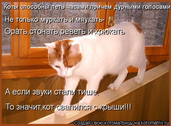Коты способны петь часами,причём дурными голосами Не только муркать и мяукать- Орать,стонать,реветь и... Котоматрица: Коты способны петь часами,причём дурными голосами Не только муркать и мяукать- Орать,стонать,реветь и хрюкать А если звуки стали тише, То зн