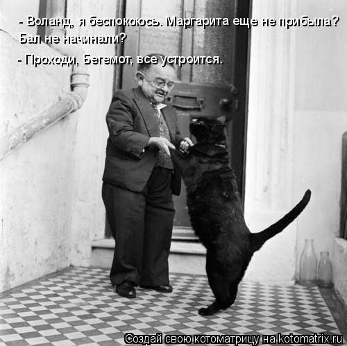 - Воланд, я беспокоюсь. Маргарита еще не прибыла? Бал не начинали? - Проходи, Бегемот, все устроится.... Котоматрица: - Воланд, я беспокоюсь. Маргарита еще не прибыла? Бал не начинали? - Проходи, Бегемот, все устроится.