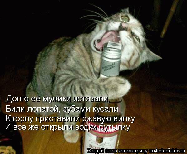 Долго её мужики истязали, Били лопатой, зубами кусали. К горлу приставили ржавую вилку И все же откры... Котоматрица: Долго её мужики истязали, Били лопатой, зубами кусали. К горлу приставили ржавую вилку И все же открыли водки бутылку.