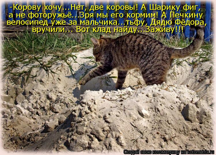 Котоматрица: -Корову хочу...Нет, две коровы! А Шарику фиг, а не фоторужьё...Зря мы его кормим! А Печкину велосипед уже за мальчика...тьфу, Дядю Фёдора,  вручил