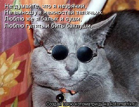 Не думайте, что я незрячий, Не выношу я нежностей телячьих. Люблю же я балык и суши, Люблю гулять и б... Котоматрица: Не думайте, что я незрячий, Не выношу я нежностей телячьих. Люблю же я балык и суши, Люблю гулять и бить баклуши.