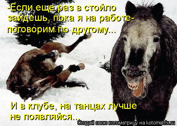 -Если еще раз в стойло зайдешь, пока я на работе- поговорим по другому... И в клубе, на танцах лучше ... Котоматрица: -Если еще раз в стойло зайдешь, пока я на работе- поговорим по другому... И в клубе, на танцах лучше не появляйся...