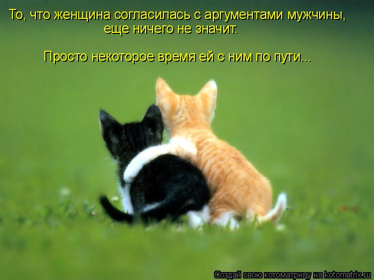То, что женщина согласилась с аргументами мужчины, еще ничего не значит. Просто некоторое время ей с ... Котоматрица: То, что женщина согласилась с аргументами мужчины, еще ничего не значит. Просто некоторое время ей с ним по пути...