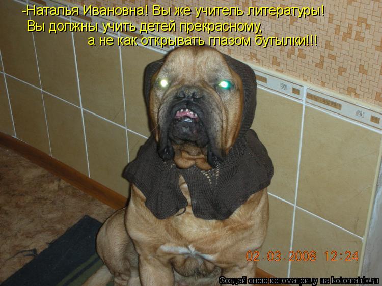 -Наталья Ивановна! Вы же учитель литературы! Вы должны учить детей прекрасному, а не как открывать гл... Котоматрица: -Наталья Ивановна! Вы же учитель литературы! Вы должны учить детей прекрасному, а не как открывать глазом бутылки!!!