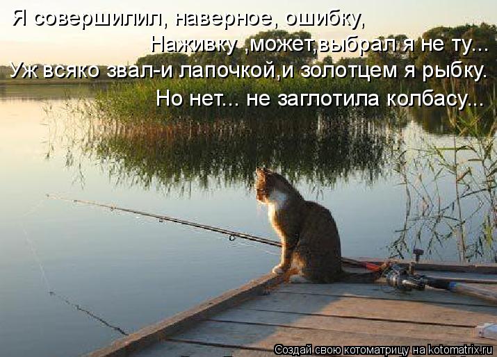 Я совершилил, наверное, ошибку, Наживку ,может,выбрал я не ту... Уж всяко звал-и лапочкой,и золотцем... Котоматрица: Я совершилил, наверное, ошибку, Наживку ,может,выбрал я не ту... Уж всяко звал-и лапочкой,и золотцем я рыбку. Но нет... не заглотила колбасу...