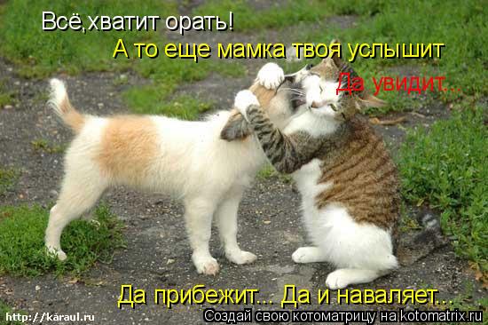 Котоматрица: Всё,хватит орать! А то еще мамка твоя услышит Да увидит... Да прибежит... Да и наваляет...