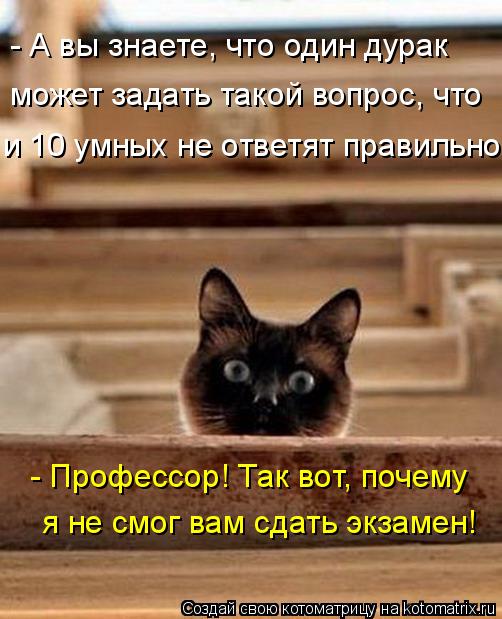 - А вы знаете, что один дурак может задать такой вопрос, что и 10 умных не ответят правильно? - Проф... Котоматрица: - А вы знаете, что один дурак может задать такой вопрос, что и 10 умных не ответят правильно? - Профессор! Так вот, почему я не смог вам сдать эк