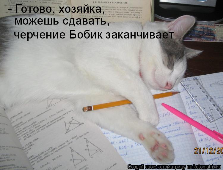 - Готово, хозяйка, можешь сдавать, черчение Бобик заканчивает... Котоматрица: - Готово, хозяйка, можешь сдавать, черчение Бобик заканчивает