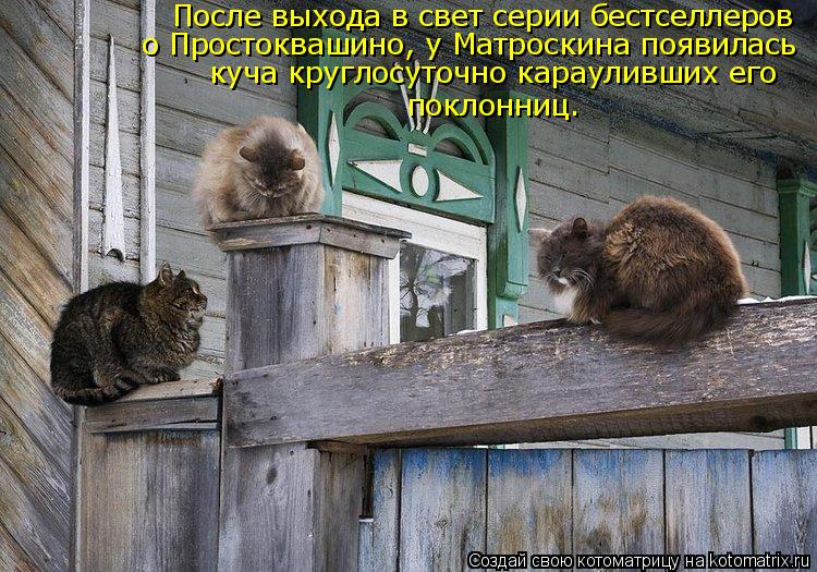 После выхода в свет серии бестселлеров о Простоквашино, у Матроскина появилась куча круглосуточно ка... Котоматрица: После выхода в свет серии бестселлеров о Простоквашино, у Матроскина появилась куча круглосуточно карауливших его поклонниц.