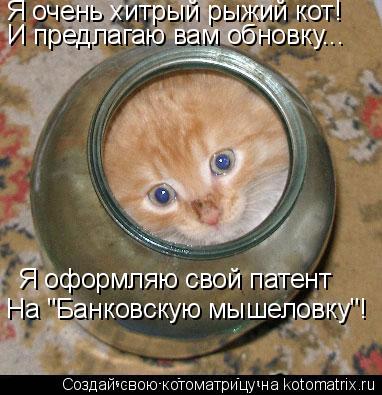 Котоматрица: Я очень хитрый рыжий кот! И предлагаю вам обновку... Я оформляю свой патент На "Банковскую мышеловку"!