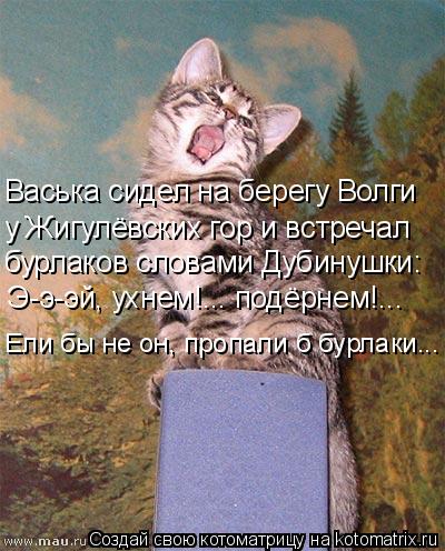Котоматрица: Васька сидел на берегу Волги у Жигулёвских гор и встречал бурлаков словами Дубинушки: Э-э-эй, ухнем!... подёрнем!... Ели бы не он, пропали б бурл
