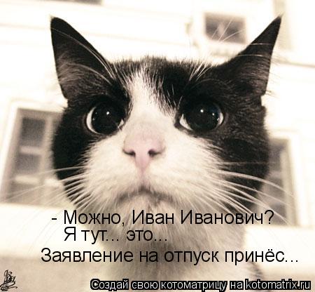 Котоматрица: - Можно, Иван Иванович? Я тут... это...  Заявление на отпуск принёс...
