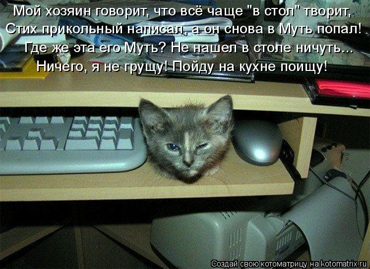 Мой хозяин говорит, что всё чаще "в стол" творит, Стих прикольный написал, а он снова в Муть попал! Г... Котоматрица: Мой хозяин говорит, что всё чаще "в стол" творит, Стих прикольный написал, а он снова в Муть попал! Где же эта его Муть? Не нашел в столе ничуть.