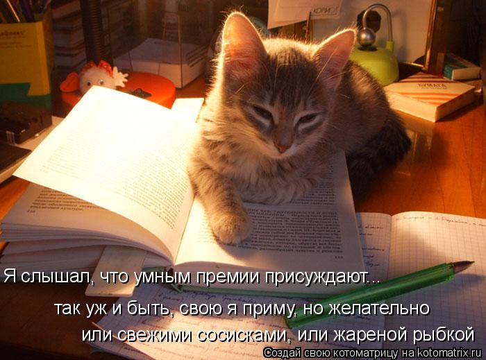 Котоматрица: Я слышал, что умным премии присуждают... так уж и быть, свою я приму, но желательно или свежими сосисками, или жареной рыбкой