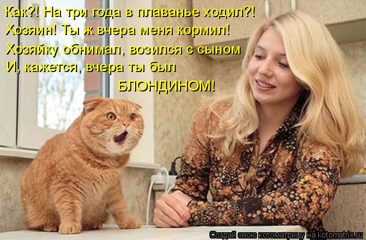 Как?! На три года в плаванье ходил?! Хозяин! Ты ж вчера меня кормил! Хозяйку обнимал, возился с сыном... Котоматрица: Как?! На три года в плаванье ходил?! Хозяин! Ты ж вчера меня кормил! Хозяйку обнимал, возился с сыном И, кажется, вчера ты был БЛОНДИНОМ!