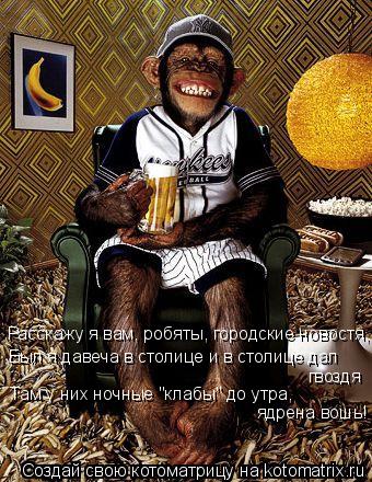 Котоматрица: Расскажу я вам, робяты, городские новостя, Был я давеча в столице и в столице дал гвоздя Там у них ночные "клабы" до утра, ядрена вошь!