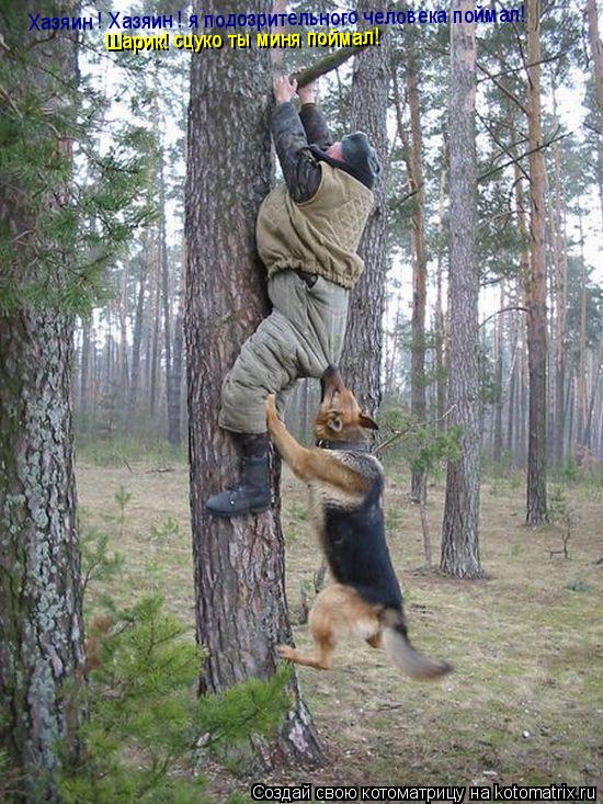 Котоматрица: Хазяин ! Хазяин ! я подозрительного человека поймал! Шарик! сцуко ты миня поймал!